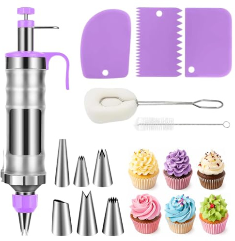 CEWROM Kakdekorationsverktygsset, sprutpistol, tårtkräm, dekorationsverktyg, garneringsspruta rostfritt stål, glasyr, spritstyllset för tårtor, cupcakes, kakor bakverk, dekoration (lila)
