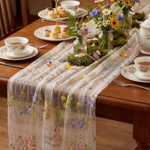 75x300CM Chemin De Table Fleuri, Chemins De Table en Étamine, Nappe Anniversaire D'été Printemps avec Broderie, Nappe Fleurie pour Fêtes, Mariages, Banquets, Beige