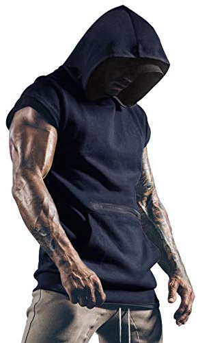 Lomon - Camisetas de gimnasio para hombre, camiseta deportiva, camiseta de tirantes fina para fitnes, sudaderas sin mangas, con capucha y bolsillos, azul marino, L