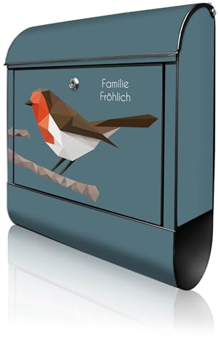 banjado Design Briefkasten personalisiert 38,5x46,5x13cm & 2 Schlüssel - Briefkasten Stahl Schwarz Zeitungsfach pulverbeschichtet - Postkasten A4 Einwurf inkl. Montagematerial - Motiv abstrakter Vogel