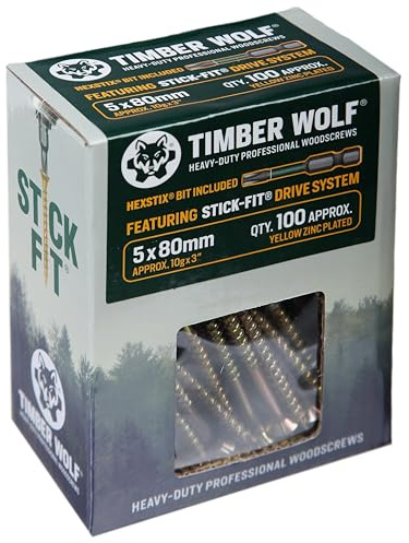 Timber Wolf TW50080 Woodscrews - 5.0 x 80mm - Box of 100, Zinc & Yellow (Gold)