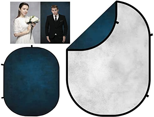 Kate 5x6.5ft/1.5x2m Double-Sided Navy blue/Light grey Collapsible Backdrop Pop Up Photography Backdrop Foldable Collapsible Photo Background for Photography, YouTube Videos,and Live Streaming