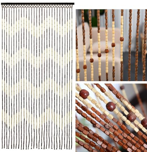 ReTaaj Bamboo Wooden Beaded Door Curtain, Waves Design, Summer Blind Fly Curtain Screen, Room Divider Beads, Home Decorations, Hook 180 x 90cm
