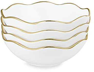 fanquare Lot de 4 Bols à Salade Pâtes en Céramique, Bols de Service Grand Blanche, Bol à Céréales en Forme Vague pour Cuisine