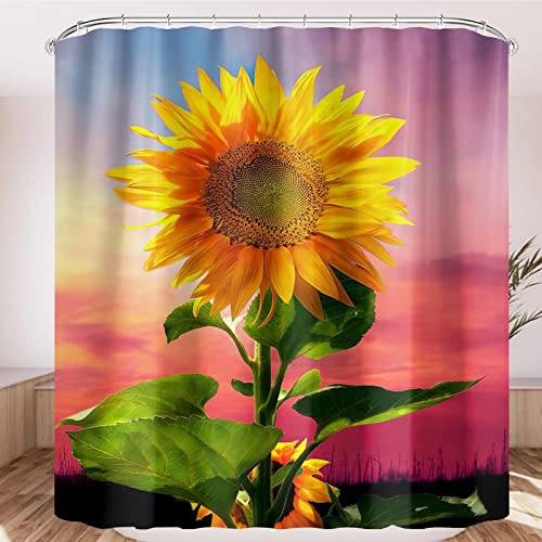 Fullfun Sunflower Shower Curtain, Yellow Flowers with Sunset Printed Bathroom Curtain, Green Leaves Pretty Plant Shower Curtain with 12 Hooks Waterproof Washable 180 x 180 cm (71 x 71)