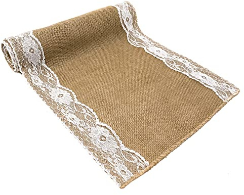 Oblique Unique® Jute Tischläufer mit Spitze Tischband Tisch Läufer Naturfarben 270 cm x 30 cm Tischdeko für Geburtstag Party Hochzeit Garten Party Deko
