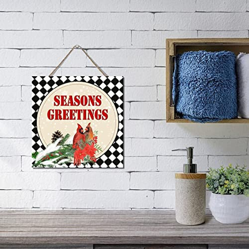 Holzschild mit Aufschrift Christmas Season's Greetings, Tier, Kardinal, Stechpalme, Pflanze, Tannenzapfen, hängendes Holzschild, rustikales Bauernhaus, Heimdekoration, rustikale Küchendekoration,