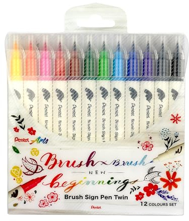 Pentel SESW30C-12 Brush Sign Pen Twin, 12 färgerset, fiberpenna med två flexibla skrivspetsar, vattenbaserat bläck, blandade