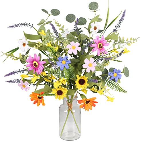 GTIDEA 2 Bundles Artificial Daisy Flowers Fake Silk Spring Flowers Colorful Flowers Fake Wildflowers Bouquet for Home Indoor Table Vase Wedding Party Decor (20in)