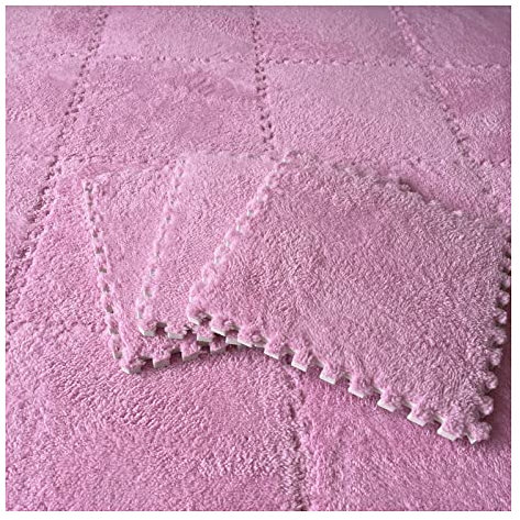 12 Stück Ineinandergreifende Teppichfliesen, Quadratisches Plüsch-Schaumstoff-Fußmatten-Set, Puzzle-Bodenmatte Für Wohnzimmer, Schlafzimmer, 12 Fliesen/12 Sq.Ft(Color:Rosa)