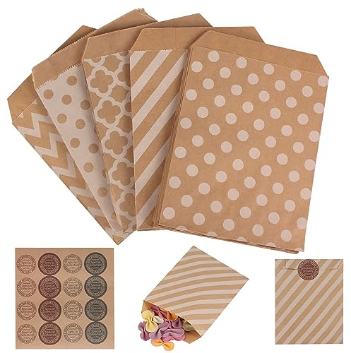 Lyaor 100 Stück Süßigkeiten Papiertüten mit Backaufkleber 13x15cm Braun Papiertüten 5 Designs Hochzeit Candybar Tüten Papier Geschenktüten für Ostern Weihnachten Geburtstag Feier Parteien