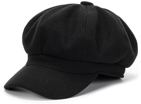 Damen Mütze mit 8 Paneelen aus Wollmischung, Wintermütze, Cabbie Baskenmütze Gatsby Ivy Painter Hat Pageboy Caps, Schwarz, Medium