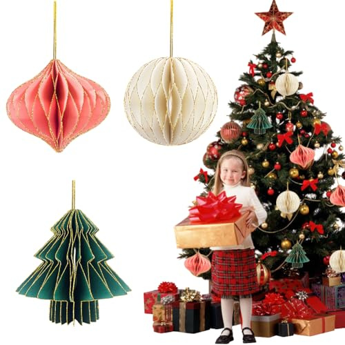 JAHEMU Wabenbälle Weihnachten Papier Weihnachtskugeln Hängen Weihnachtsdeko Honeycomb Lantern für Feiertagsbaum Wand Silvester Dekor 3 Stück