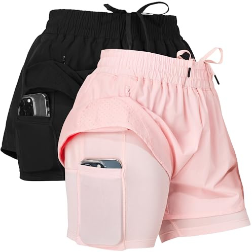 Ultra Performance Womens Running Gym Shorts Women Pack of 2, Nylon Compression Workout Shorts Women with Liner Black, Pink