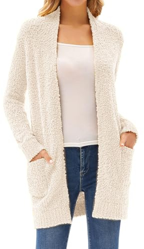 GRACE KARIN Long Cardigan Sweaters for Women, Open Front Fuzzy Winter Coat, Chunky Knit Winter Clothing Pockets Cream S