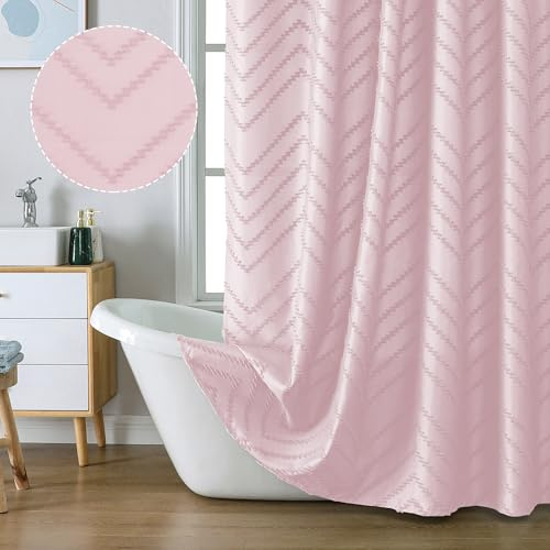 Chyhomenyc Chevron Blush Pink Fabric Shower Curtain 72x72 inches, Boho Shower Curtain Modern Farmhouse Chic Textured Tufted Chevron Striped Minimalist Cloth Shower Curtain Sets with 12 Hooks