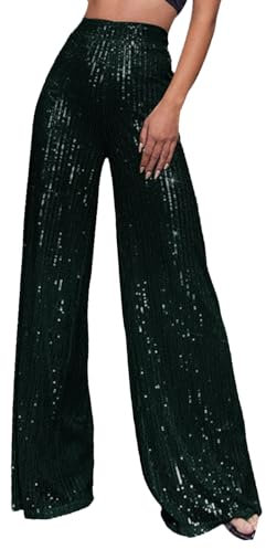 Glitzer Hose Damen Schwarz Pailettenhose Weite Hose mit Pailletten High Waist Hose Glitzerhosen Elegant Mesh Freizeithose Frauen Party Festival Club Kostüm Glitzer Hose Silber Gold Weiße Blau