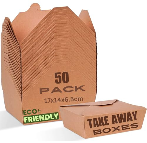 HURUC Lot de 50 grandes boîtes alimentaires jetables en kraft 337 g/m² - 1420 ml - Anti-fuite, passent au micro-ondes - Pour pâtes, salades, repas et bols à poke - Marron