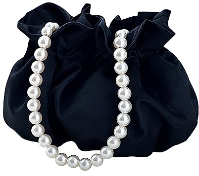 JAMBHALA Small Wristlet Purses Mini Bucket Bag Women Hobo Bag with Faux Pearl Chain (Black)