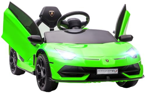 HOMCOM Voiture Électrique pour Enfants 12V, Portes Papillon, USB, Vert | Licence Lamborghini Aventador SVJ, Télécommande LED, Musique, Vitesse 3-5 Km/H