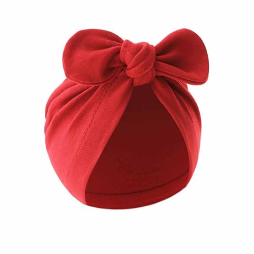 Yurosiay Neugeborenen Mütze Süß Baby Turban Hut Mit Schleife Weiche Stretch Baumwolle Erstlingsmütze Baby 0-12 Monate Babymütze Headwrap Baby Kinder Knotenmütze Jungen Mädchen 17×17cm Rot