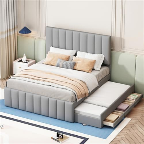 Tcewhhy Cama Tapizada con Cama Extraíble Y Cajones Cama Juvenil para Adultos Jóvenes Cama Infantil Cama Contenedor con Somier Cama De Invitados para Dormitorio Habitación De Invitados Gris 140x200 Cm