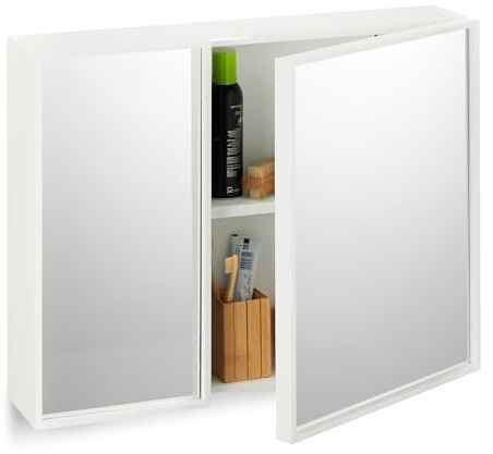 Relaxdays Spiegelschrank, 2-türig, Badschrank beidseitig verspiegelt, HBT: 50x65x15,5 cm, Badezimmer Hängeschrank, weiß