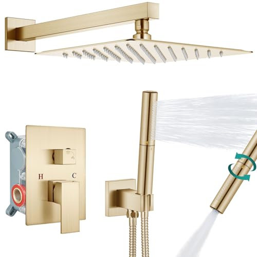 Aolemi Duschsystem mit Regenduschkopf und Handwandhalterung, Hochdruck-Duscharmatur-Set mit 2-in-1-Handbrause und rauem Ventil, 25,4 cm Duschkopf, gebürstetes Gold