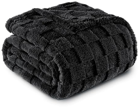 Exclusivo Mezcla Coperta Plaid Pile di Flanella per Divano, 150x200 CM Coperta Letto Singolo Matrimoniale con Motivo a Scacchi, Morbida e Calda, Nero