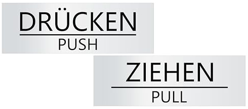 Türschild DRÜCKEN ZIEHEN Set mehrsprachig PUSH PULL | selbstklebend 2er-Set 60x20mm silber (matt) mit schwarzer Schrift UV-beständiges Kunststoffschild