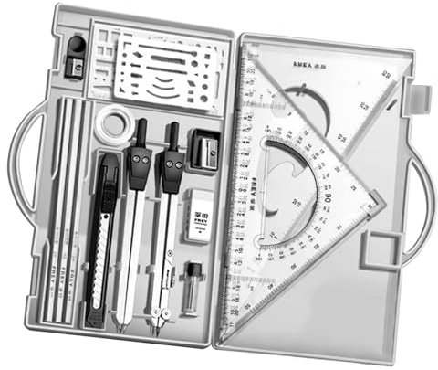 Geodreieck und Kompass Zeichenwerkzeuge Set - Professionelles Geometrie-Set 16-teilig mit Metall-Lineal | Zeichenset mit Dreieckslineal für genaue Messungen, Zubehör