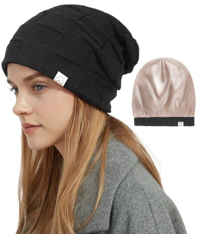 Hat Hut Cappello Invernale da Donna da Uomo, Berretto Foderato in Raso Seta, Caldo Berretto da Sci Unisex Cappello in Maglia Slouch Beanie (IT, Testo, Taglia Unica, Nero Puro)