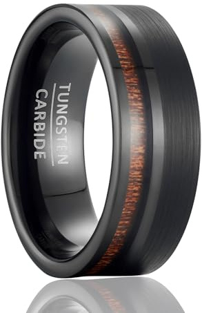 SOXEMAN 8mm breiter Herren-Hochzeitsring aus Wolfram, Design mit zwei Abschnitten, Holzmaserungskanal & gebürsteter Oberfläche (US-Größen) | Schwarz & Braun | US-Größe 12 (67,2 mm)