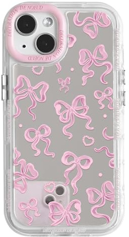 NITITOP für iPhone 15 Plus Hülle Spiegel Schleife Liebe Herz, Rosa | Süßes Bow Fliege Muster, für Frauen Mädchen, Glitzernd Design, mit Buntem Rahmen, Stoßfeste Handyhülle