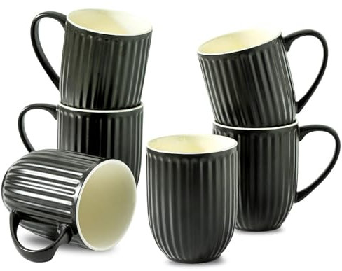 Hasense Juego de 6 tazas de café grandes de cerámica acanalada de 16 onzas con asa grande para café, té y cacao, diseño moderno y peso ligero, aptas para microondas y lavavajillas, color negro