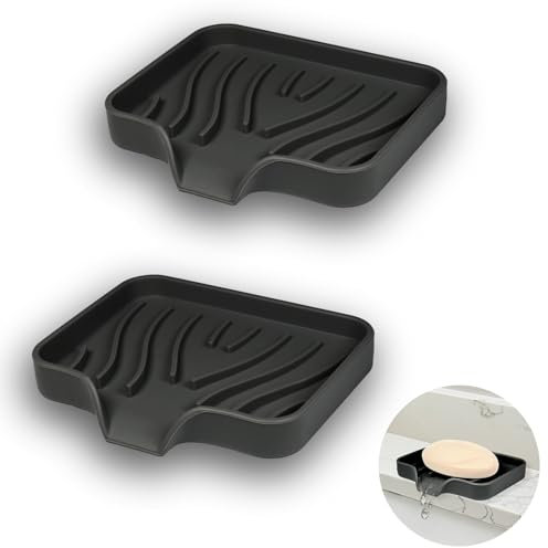 YoHyien 2 Pcs Silicone Soap Dish with Drainage, Anti-Slip Soap Holder, Self Draining Soap Tray for Shower, Bathroom & Kitchen, Keep Soap Dry & Easy Cleaning (Black)