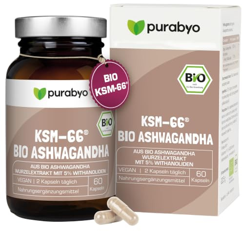 Purabyo BIO Ashwagandha KSM-66 Extrakt | Bio Markenrohstoff 5% Withanolide | im Glas | kontrolliert-biologischer Anbau | Indische Schlafbeere | vegan, laborgeprüft, in Deutschland hergestellt