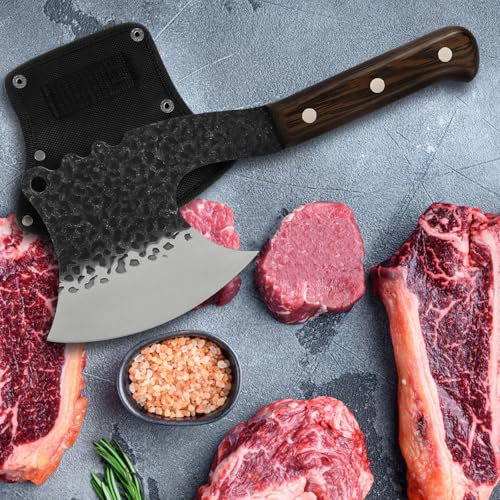 BUTORY Der Fleischknochen Cleaver -Messer mit Hülle und Holzgriff handgeschmiedetem Metzger Axt Vollgeschwürer Fleisch Cleaver Knochenhacker Axt Form Metzgermesser für Knochen oder Fleischschnitt