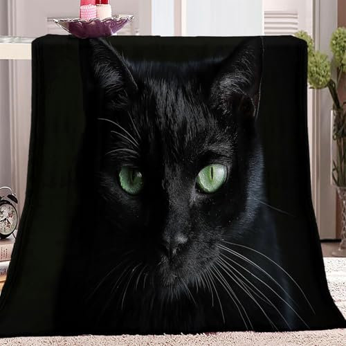 Kuscheldecke Tier Katze Nahaufnahme Schwarz Grün, Weiche Flauschige Flanell Decke Für Bett Couch Sofa Stuhl, Warm Personalisierte Bedruckte Kuscheldecke Für Zimmer Deko 130 x 150 cm