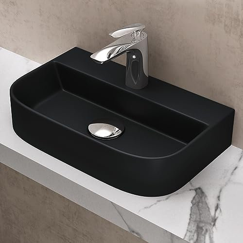 doporro Lavabo sobre Encimera Lavabo Suspendido Lavabo Baño Rectangular | Cerámica | 38x23,5x8 cm | Negro Mate | con Recubrimiento de Nano | Brüssel003