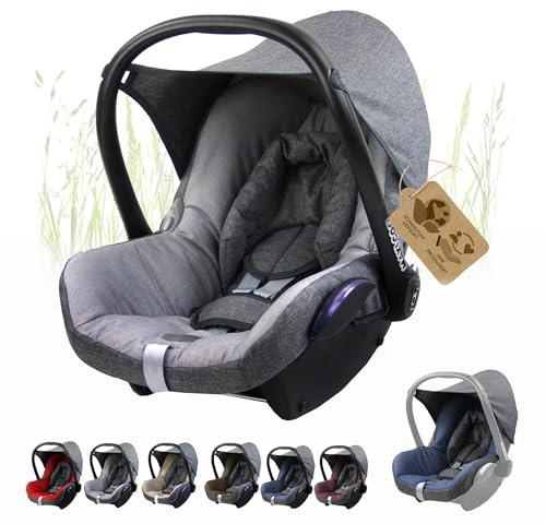 Funda de repuesto para capazo compatible con Maxi-Cosi Cabrio Fix gris/gris claro | Juego completo de 6 piezas, incluye funda de asiento, acolchado para cinturón, capota y reposacabezas, acolchado