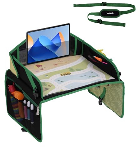 Jovikids Travel Tray for Kids Car Seat, Tray Table with Storage, Educational Toy and Erasable Drawing Surface, Activity Lap Tray for Aeroplane and Long Car Journey, Kids Travel Tray (Green)