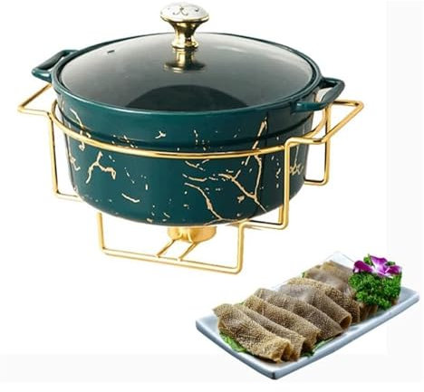 Round Chafing Dish Buffet Set with Water Pan, Food Pan, Fuel Holder and Lid for Buffet/Weddings Party(Green,S)