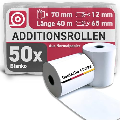 Gebongt24 Additionsrolle (70mm × 40m × 12mm) – holzfreies Normalpapier – 50 Kassenrollen 65mm – ideal für Apotheken & Arztpraxen, Epson TM-J7700, Nadeldrucker, Tischrechner & Rechenmaschinen