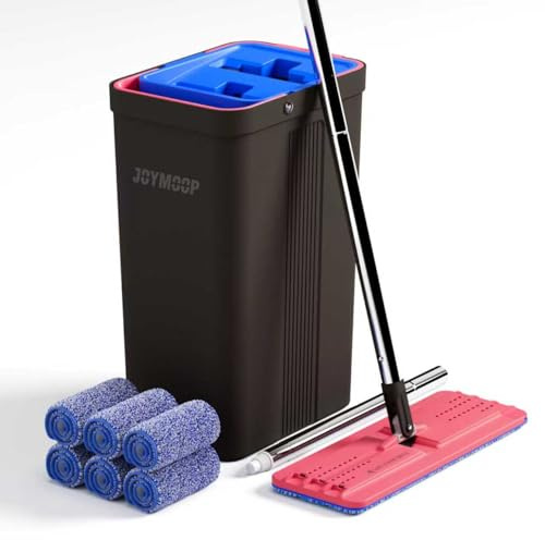 JOYMOOP Wischmopp und Eimer mit Auswringer-Set, freihändiger Flacher Bodenwischer und Eimer, mit 6 waschbaren Mikrofaser-Pads, Nass- und Trockengebrauch, Bodenreinigungssystem – Schwarz + Rot +