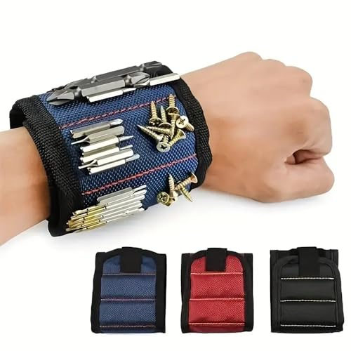 Starkes Magnetarmband für Werkzeuge mit Neodym-Magneten – Hält Schrauben, Bits, Nägel & Kleinteile sicher (Elektriker, Handwerker, DIY, Werkstatt) (3 Reihen(Blau/Rot/Schwarz))