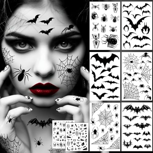 Gesichtstattoo Karneval Spinnen Fledermaus Tattoo mit Nagelaufkleber, Hexenkostüm Damen Zubehör Realistisch Temporäre Tattoos für Erwachsene Karneval Party, Schminke Kostüm Makeup Hexen Accessoires