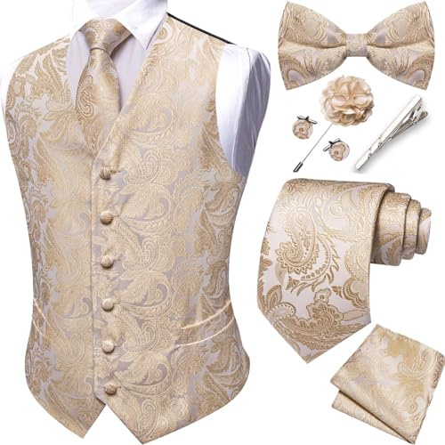 Barry.Wang Herren-Paisley-Weste, formelle Anzugwesten, Krawatte, Fliege, Set, Jacquard-Clip, Einstecktuch, Manschettenknöpfe, Anstecknadel, Hochzeit, 8 Stück