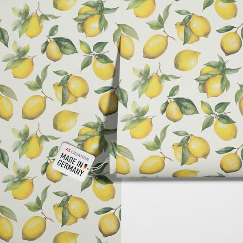 New Walls Vliestapete mit gemaltem Zitronen Motiv – weiß, gelb, grün | Florales Zitronen-Motiv als natürlicher Blickfang – matte Motivtapete, einfach zu verkleben & spurlos abziehbar