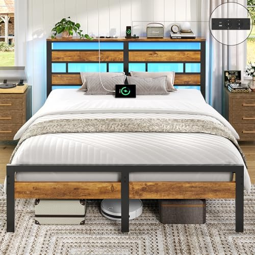 Brinlawb Cadre de lit 140 x 190 avec Sommier en Métal, Lit 2 Personnes avec Lumières LED & Multiprise(2 Prises AC,2 Ports USB) Lit Double 140x190 cm avec Rangement, Cadre en métal, Marron Vintage Noir